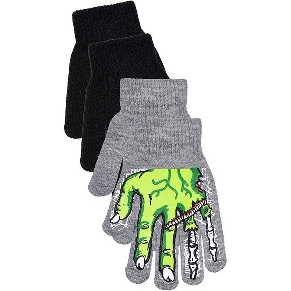 Boys 2 pairs of Gloves: 1-Halloween AND 1-Black (Monster Green) - Picture 2 of 3